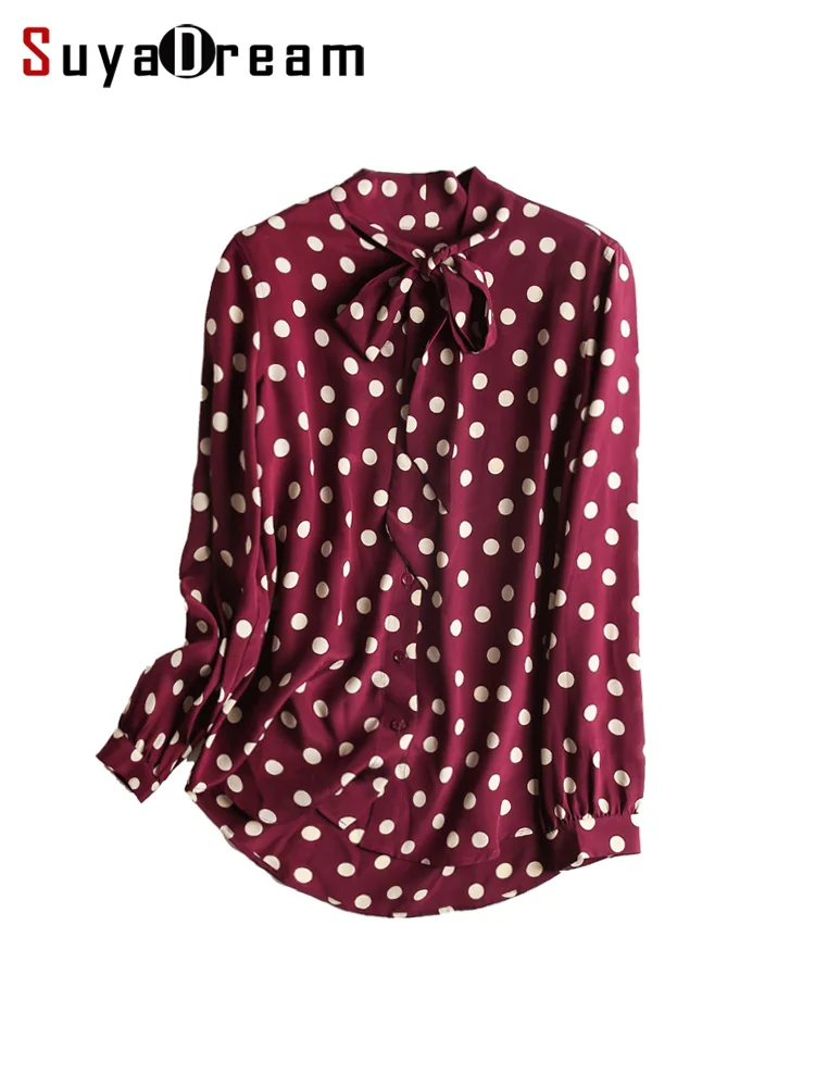 SuyaDream Silk Print Shirts Woman 100%Natural Silk Polka Dot Long Sleeve Bow Collar Blouses 2022 Spring Autumn Top Wine
