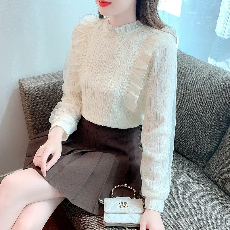 Новая женская рубашка с длинным рукавом и рюшами кружевная бархатная утепленная