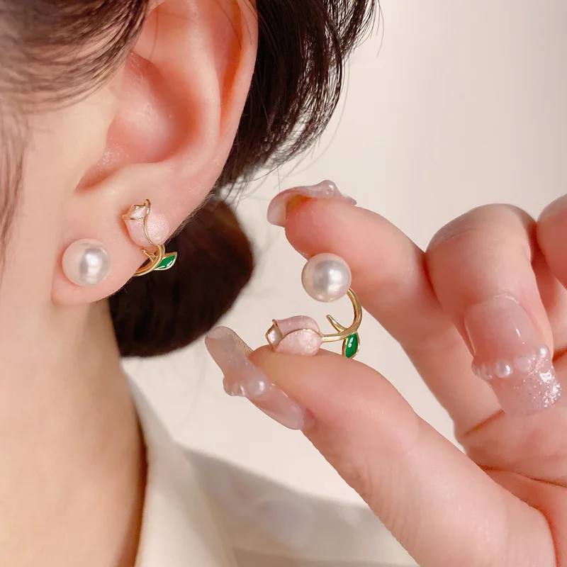 

French Elegant Pink Tulip Flower Pearl Back Earrings 2022 New Jewelry Party Girls Temperament Accessories Luxury Gifts For Women