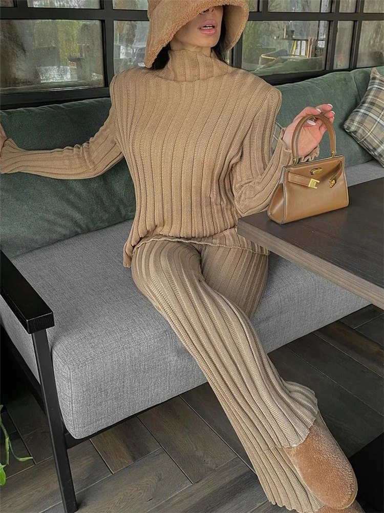 Tossy 2022 New Ribbed Outfits Knitted Long Sleeve Sweater Top And Pants 2 Piece Sets Casual Loose Tracksuit Fashion Chic Suit