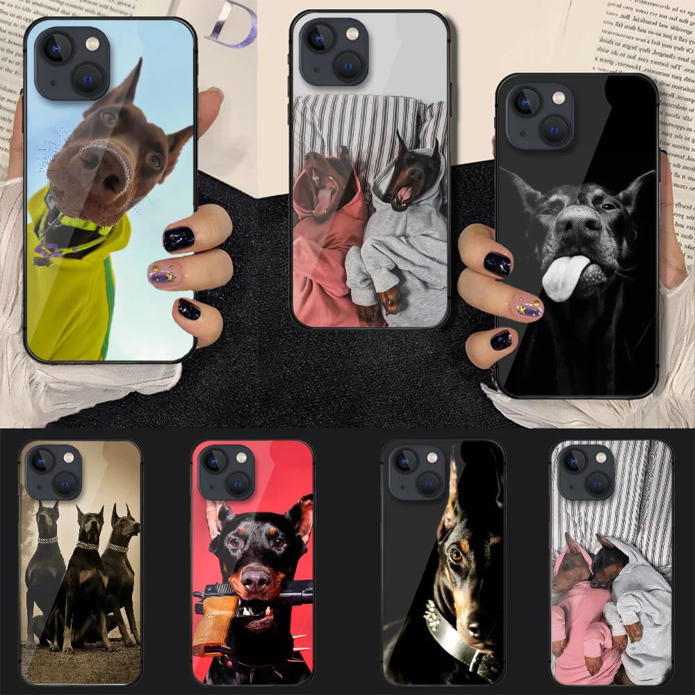 

Dog Doberman Cool Dachshund Tempered Glass Phone Case Cover For Iphone 7 8 11 12 13 14 Pro Max Plus Mini 6s X XS XR SE Black
