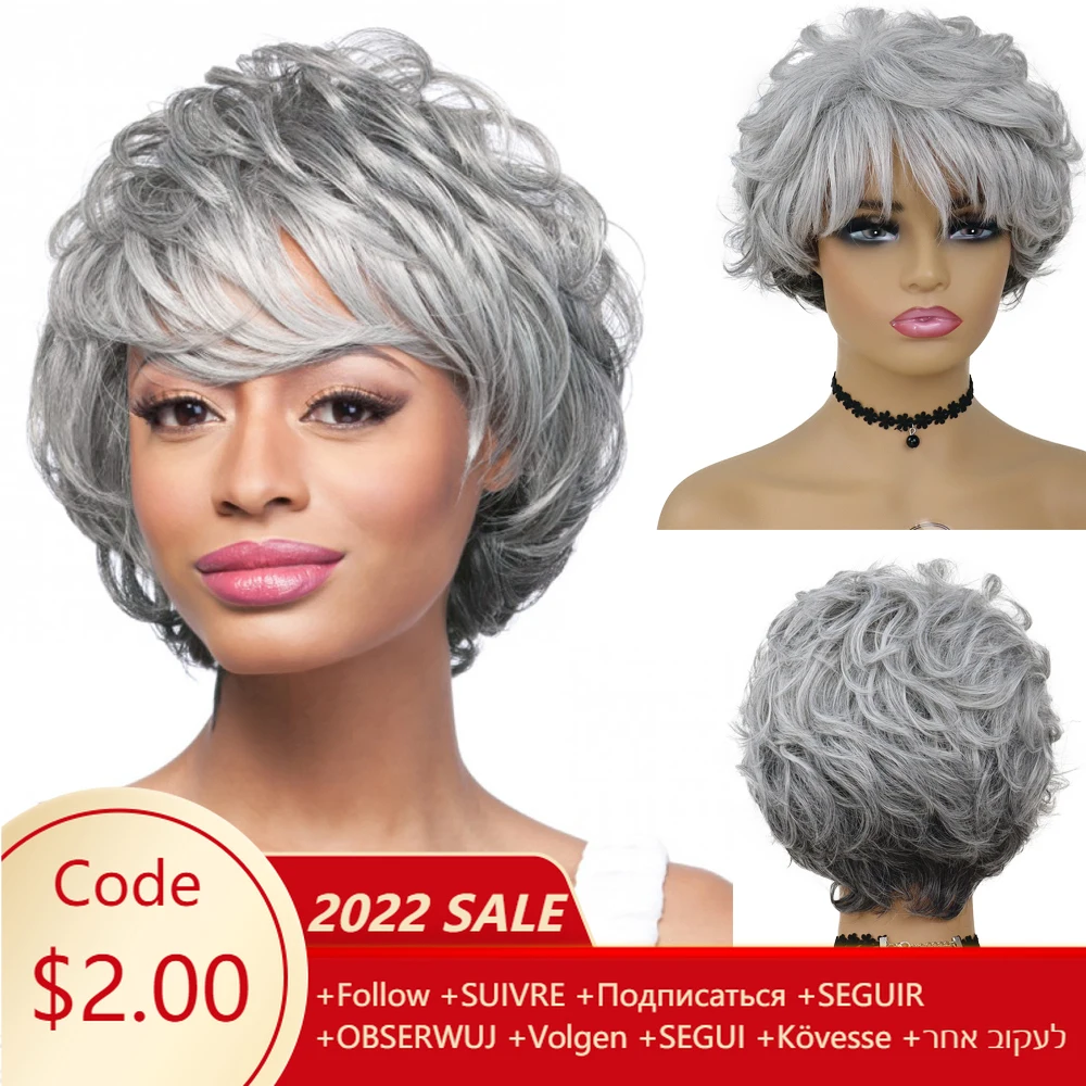 GNIMEGIL Silver Wigs Short Haircut Womens Wig with Bangs Curly Hairstyle Grey Wig Mother Daily Heat Resistant Synthetic Wigs
