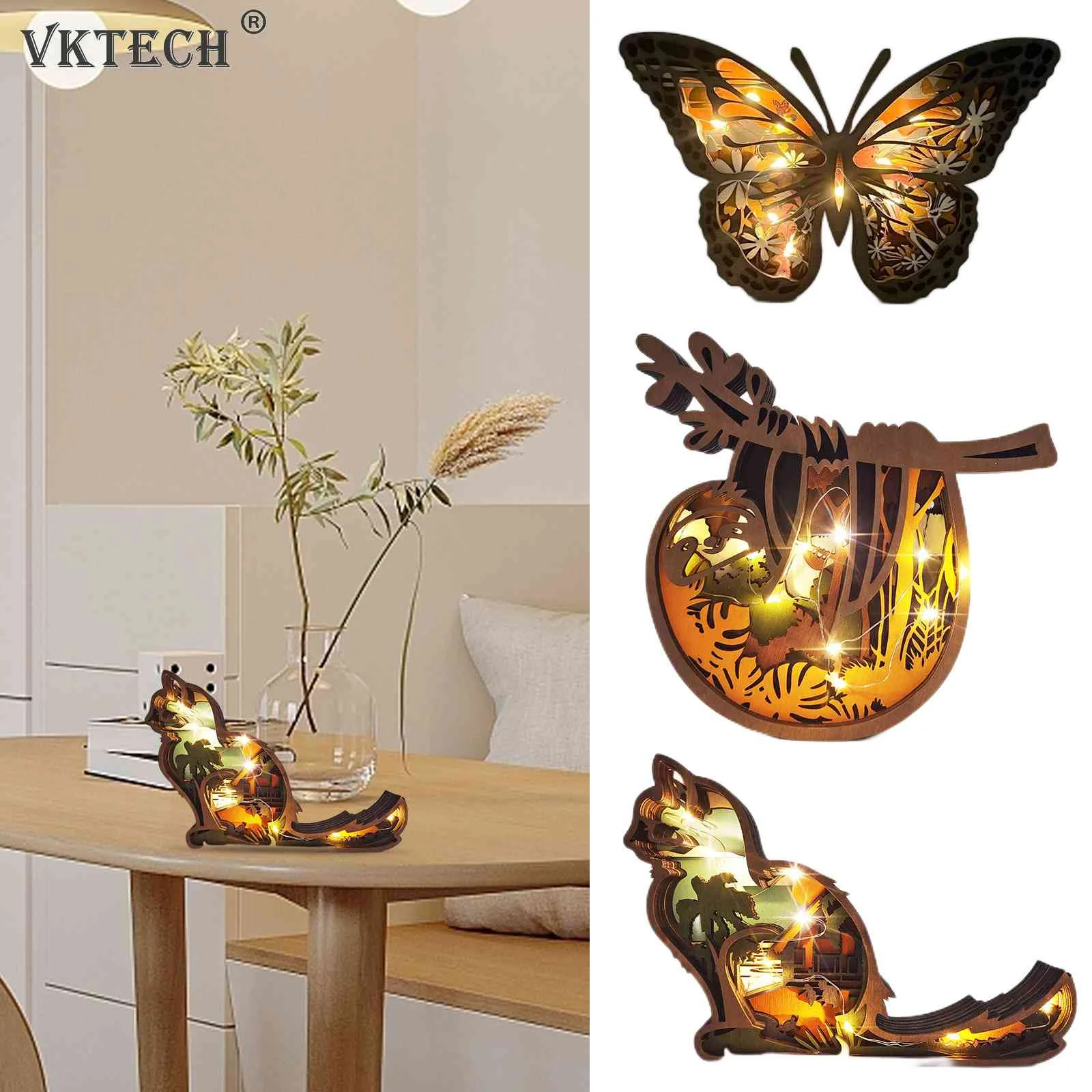 

Hollow Wooden Miniatures Animals Figurines Butterfly/Cat/Sloth Figurines with Light Wildlife Carving Handicrafts