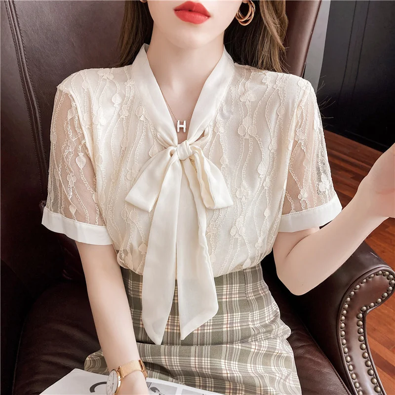 

Bowknot Lace Blouse Summer Women Short Sleeve Tops Design 2022 New Collection Lace Shirt Female Blusas Bluse