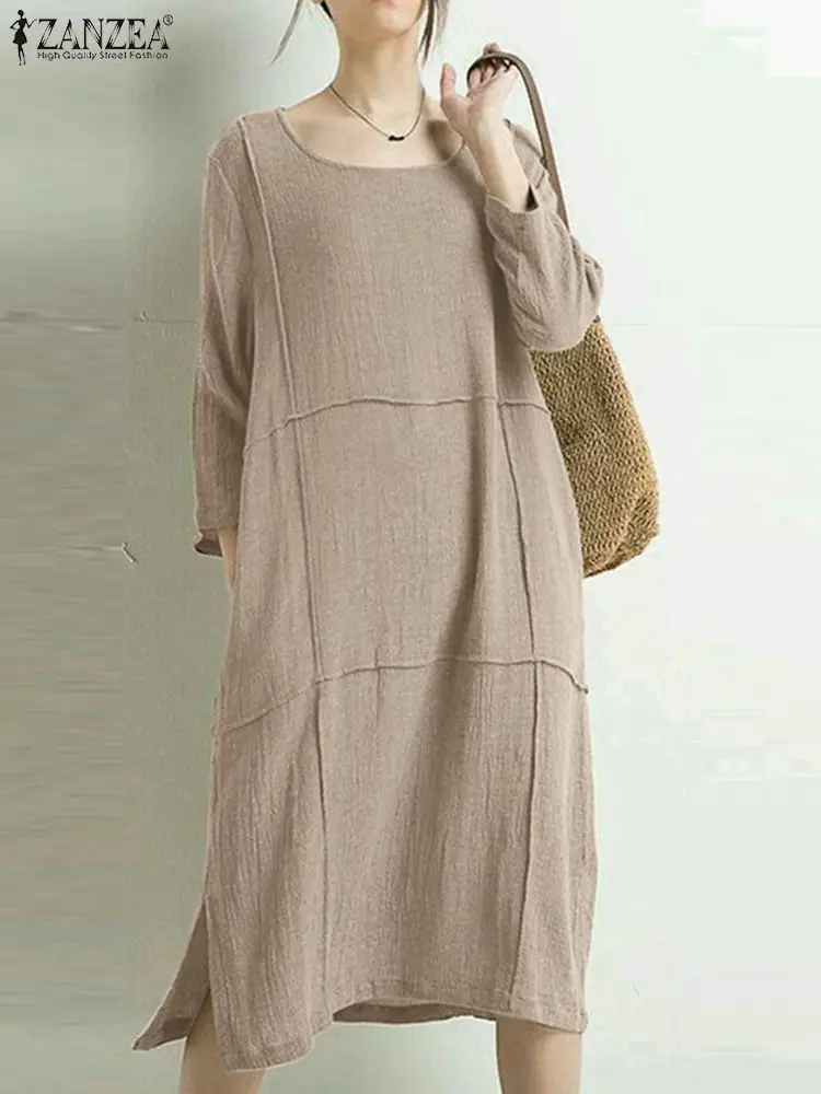 

Винтажный женский сарафан ZANZEA с круглым вырезом и рукавом 3/4, женское платье, Повседневное платье до колен, лето 2023, однотонное свободное платье для работы, кафтан