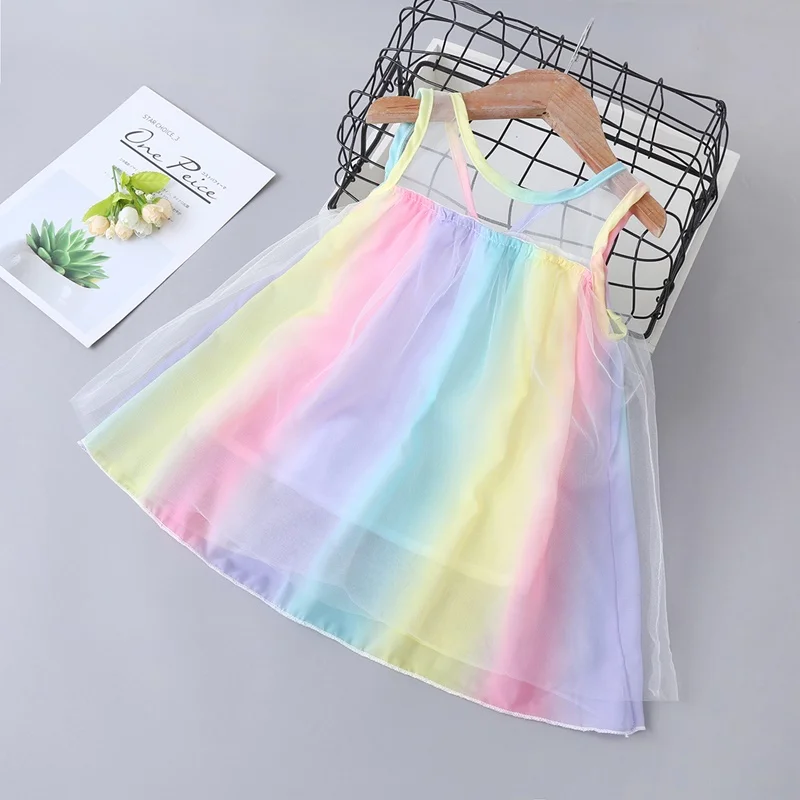 

New Summer Baby Girl Dresses Cute Colorful Rainbow Patchwork Sleeveless Mesh Tutu Princess Dress Party Toddler Girl Clothes 1-5Y