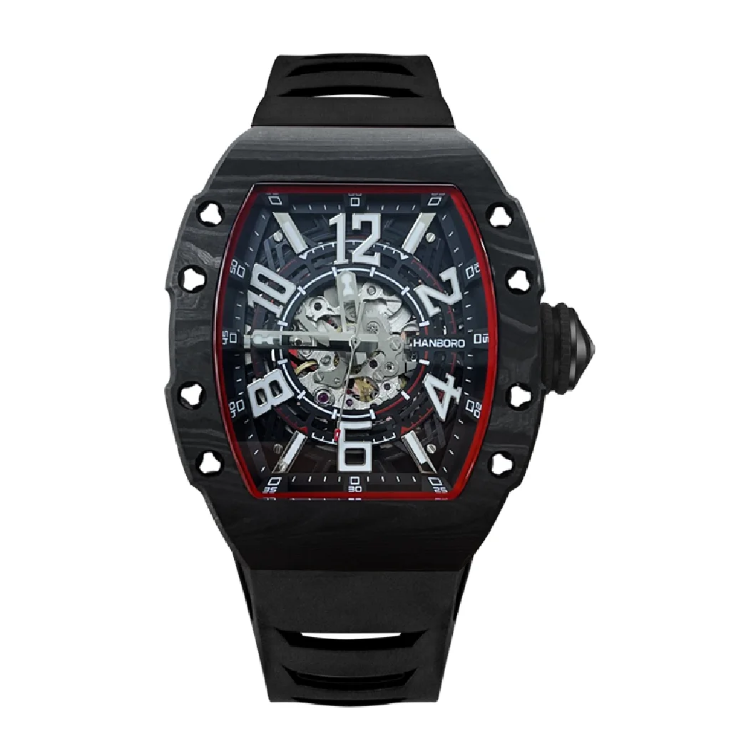 

HANBORO Men Automatic Watch Luxury Watches Mechanical Wristwatch Waterproof Luminous Skeleton Tonneau Case Carbon Fibre Bezel
