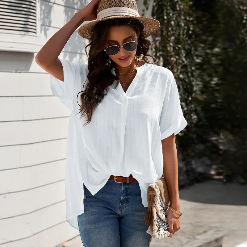 

Women Summer Blouse V Neck Casual Loose Short Sleeve Tops Blouses Woman Clothes Blusas Y Camisas Ropa Mujer Verano 2022