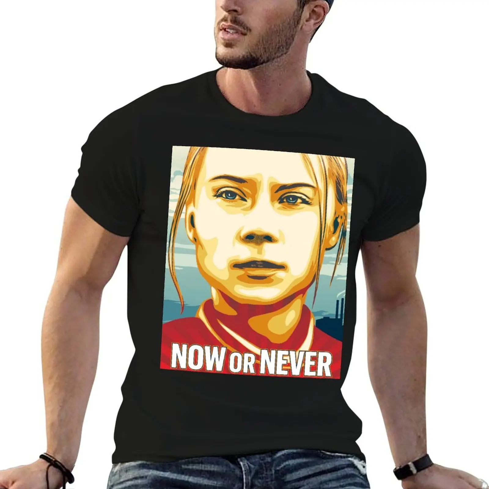 Фото Футболка Greta Thunberg Now or Never Art с простым дизайном и короткими рукавами №1