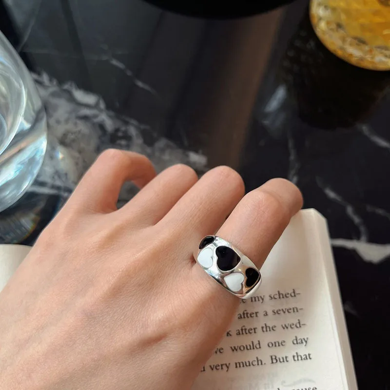 

VENTFILLE 925 Stamp Silver Color Love Heart Ring Adjustable Black And White Vintage Jewellery Women Girl Party Gift Dropshipping