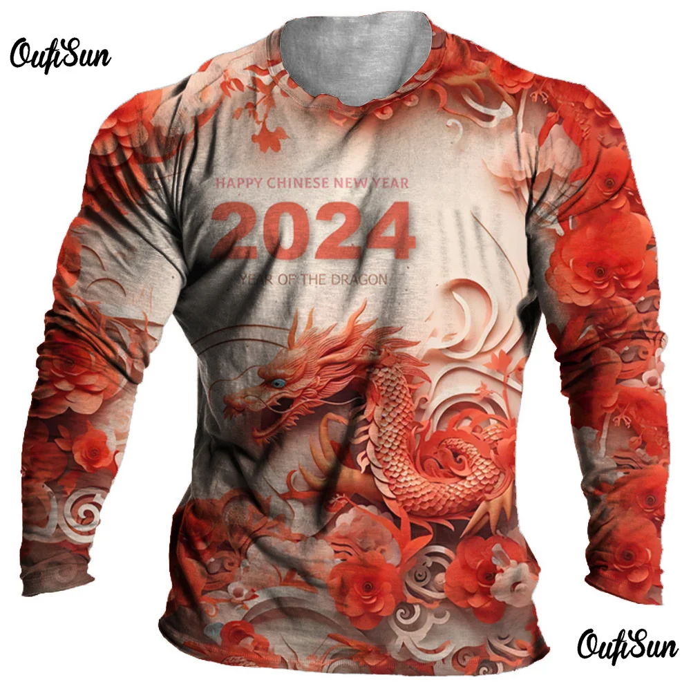 

New Year Clothing Men T-Shirt Dragon Graphic Clothing Oversized Long Sleeve Top Spring ApparelO Neck Pullover For Male Shirt Tee