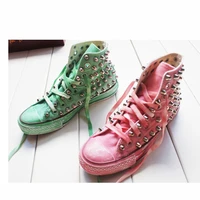 spring new korean style rivet shoes distressed high top board schoolgirl shoes casual pink washed canvas womens shoes