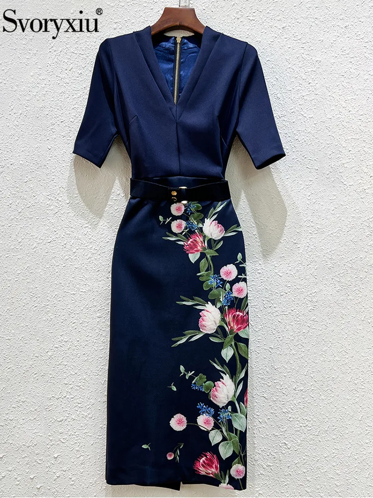 

Svoryxiu 2022 Summer Designer Runway Vintage Pencil Dress Women Short Sleeve Sashes Flowers Print Slim Fashion Party Dresses