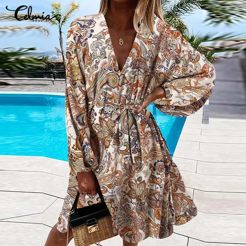 

Богемный сарафан Celmia с цветочным принтом, с пышными рукавами, лето 2022, короткое платье с V-образным вырезом, женское Повседневное платье, мин...