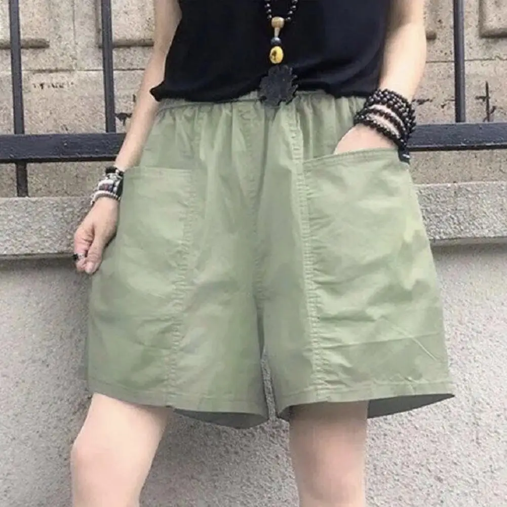 

Cotton Summer Shorts Elastic Waistband Big Pockets Solid Color Knee-Length Wide Leg A-Line Simple Casual Shorts Streetwear