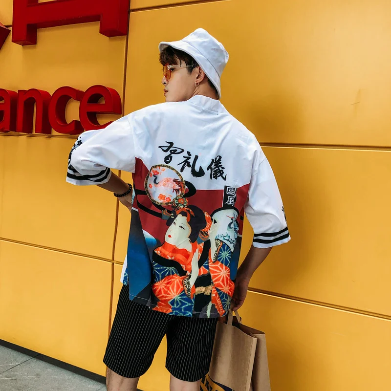 

Кимоно с принтом японской леди Haori, мужские и женские халаты, кардиган, традиционная уличная одежда в японском стиле, одежда в азиатском стил...