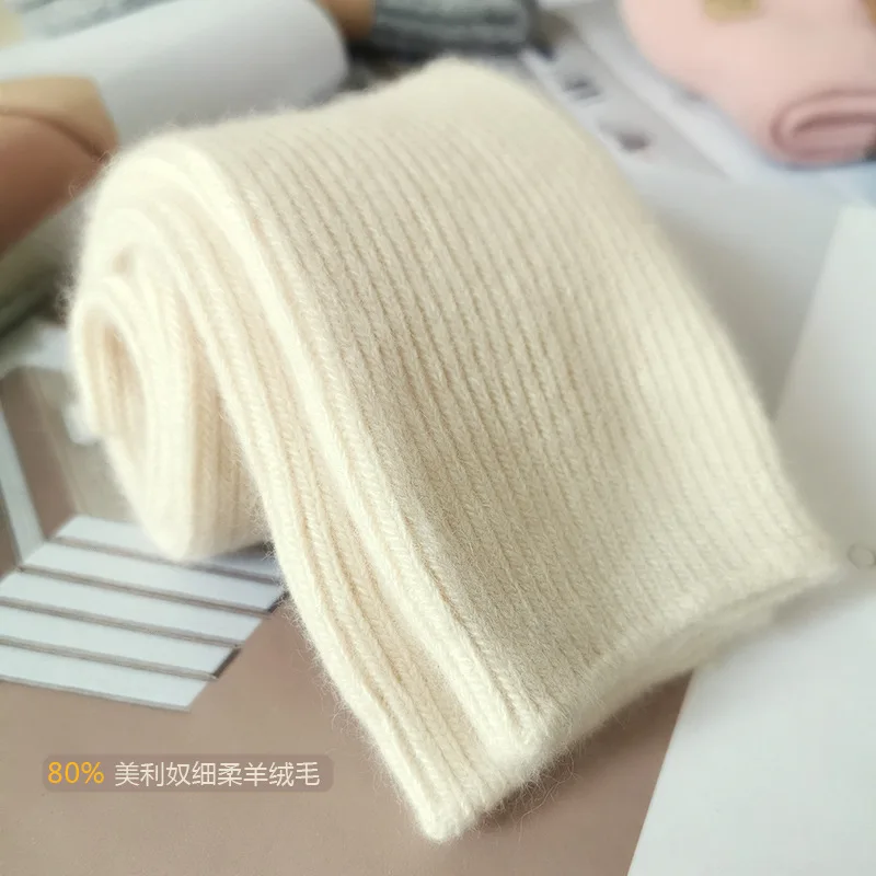 2 Pairs Pure Cashmere Wool Warm Women's Socks Merino Heating Winter Thick Pure Wool Mid-calf Women's Socks Kawaii Cute Socks