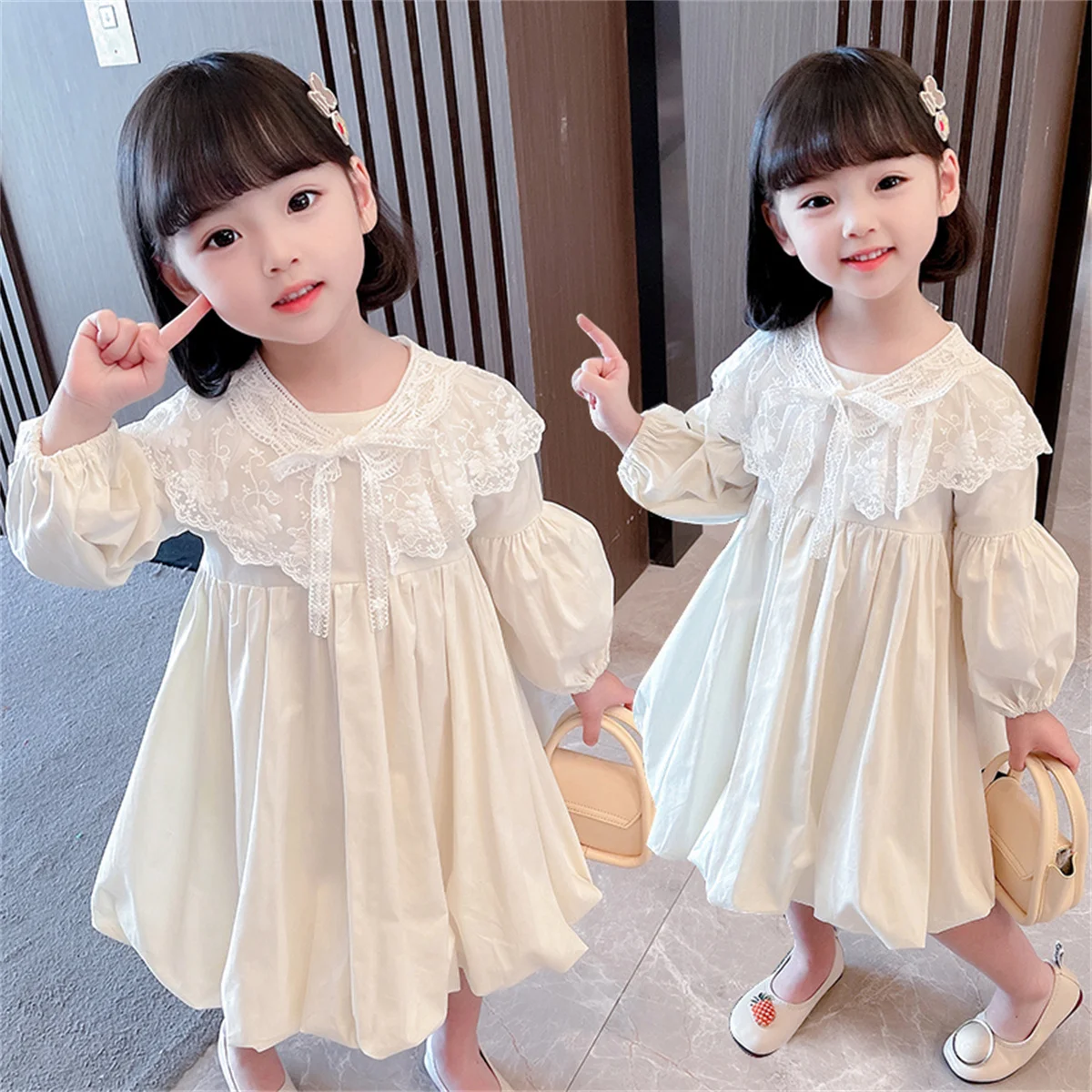 

Женское платье принцессы и девушки, кружевное однотонное изысканное милое платье с длинным рукавом и кукольным воротником для дня рождения