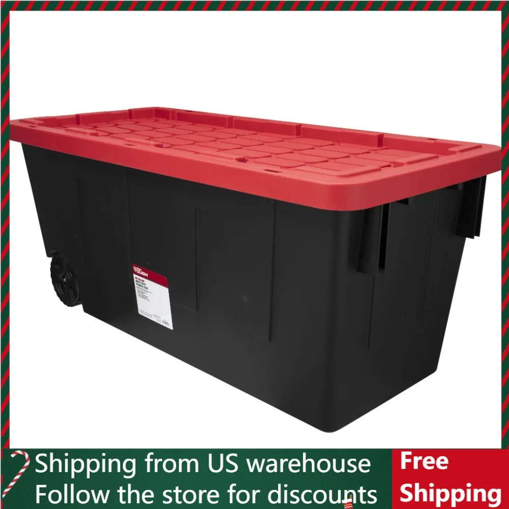 

50 Gallon Snap Lid Wheeled Plastic Storage Bin Container, Black with Red Lid , Free Shipping