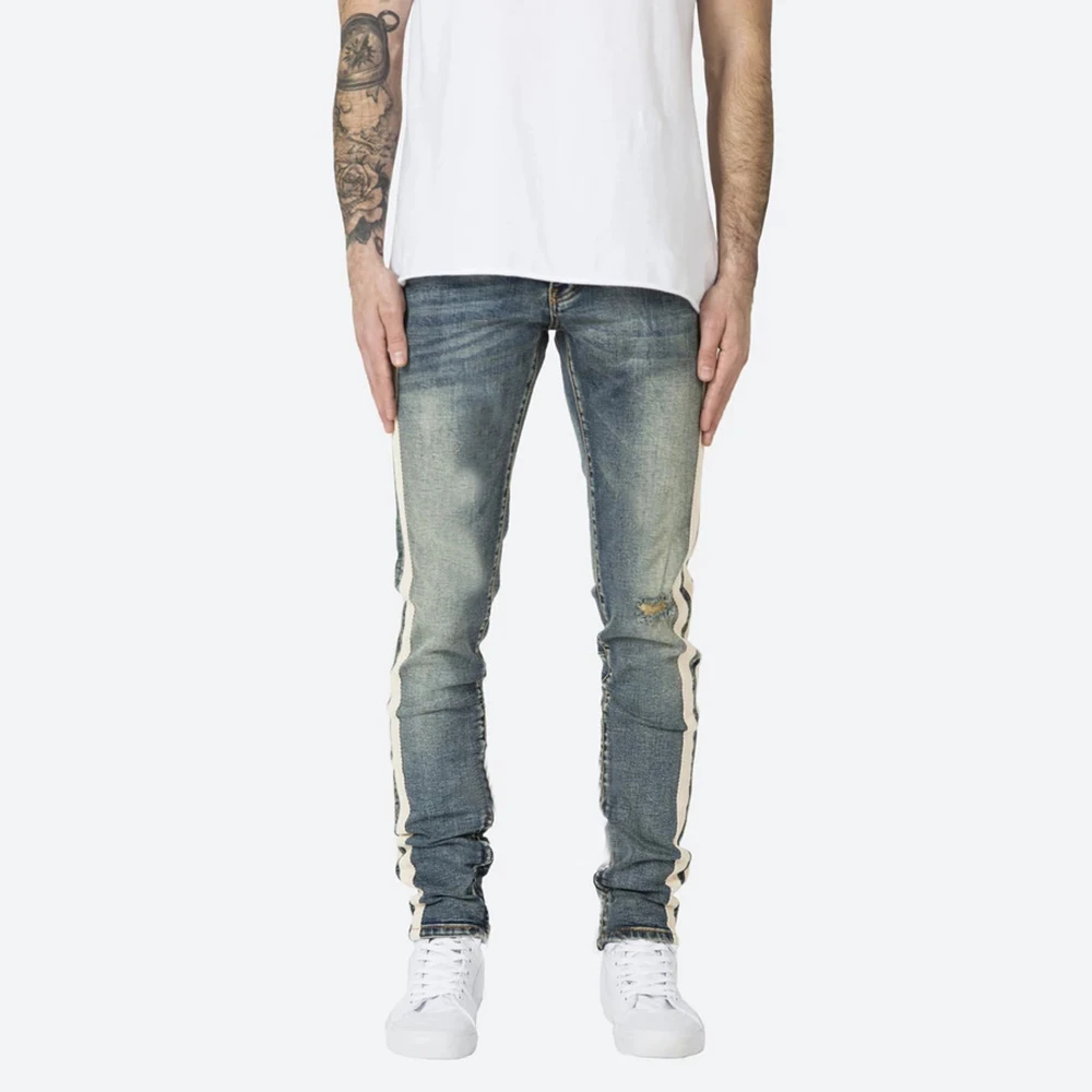 Double Strie Jeans Men Trend Hole Straight High Street Denim Trousers Slim Fit New Light Blue Bleached Out  Harajuku Streetwear