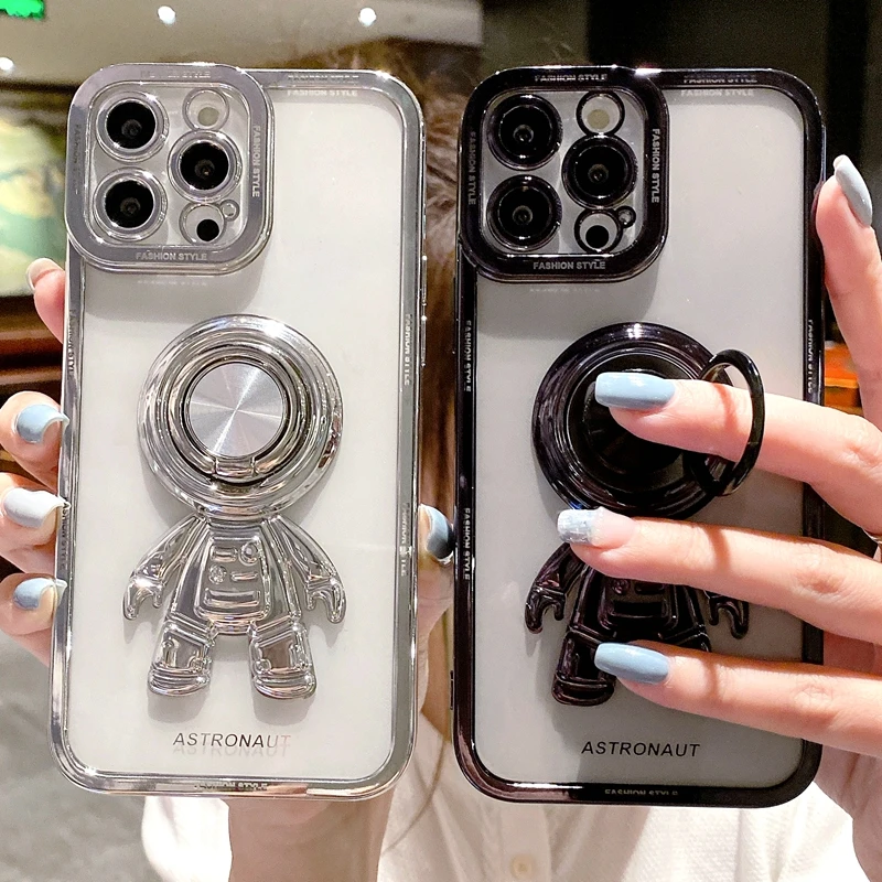 

Soft Electroplated Astronaut Phone Case For iPhone 11 12 13 14 Pro Max XS X XR 7 8 Plus Stand Ring Silicone Transparent Cover