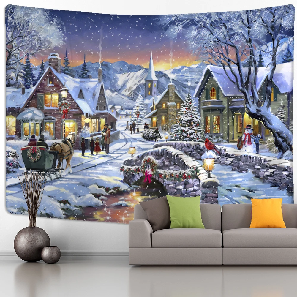 

Christmas Tree Snowman Tapestry Wall Hanging Natural Snow Scene Cartoon Oil Painting Aesthetics Room Hippie Home Decor