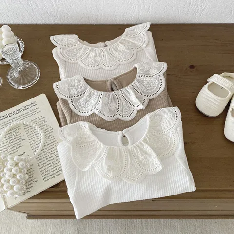 Новая детская осенне-зимняя одежда, детские топы с кружевным воротником, детский пуловер с длинными рукавами, футболка для младенцев, одежда для девочек, блузка для малышей