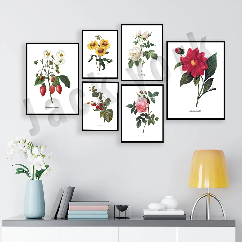 

French botanical art poster with peony, raspberry, rose, morning glory, nasturtium, sunflower, dahlia aesthetic decorative gift