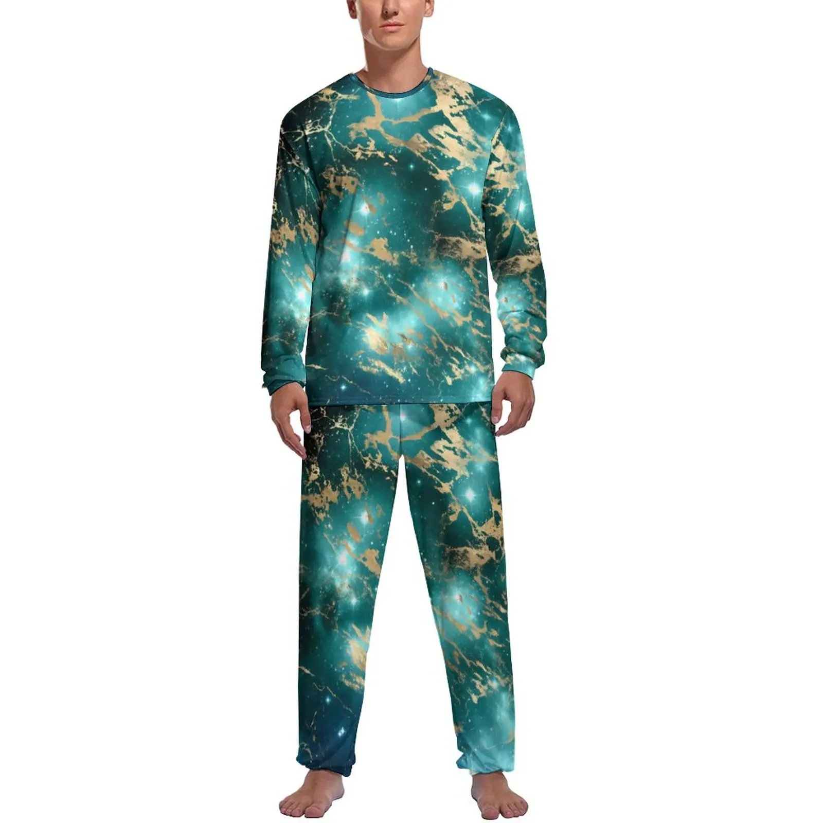 

Space Marble Pajamas Starry Night Golden Man Long Sleeves Soft Pajamas Set Two Piece Casual Daily Custom Sleepwear Gift