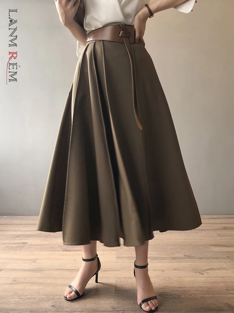 

LANMREM High Waist Pleated Mid Length Skirt For Women French Big Swing A-line Skirts 2023 New Spring Fashion Clothing 2Q1503
