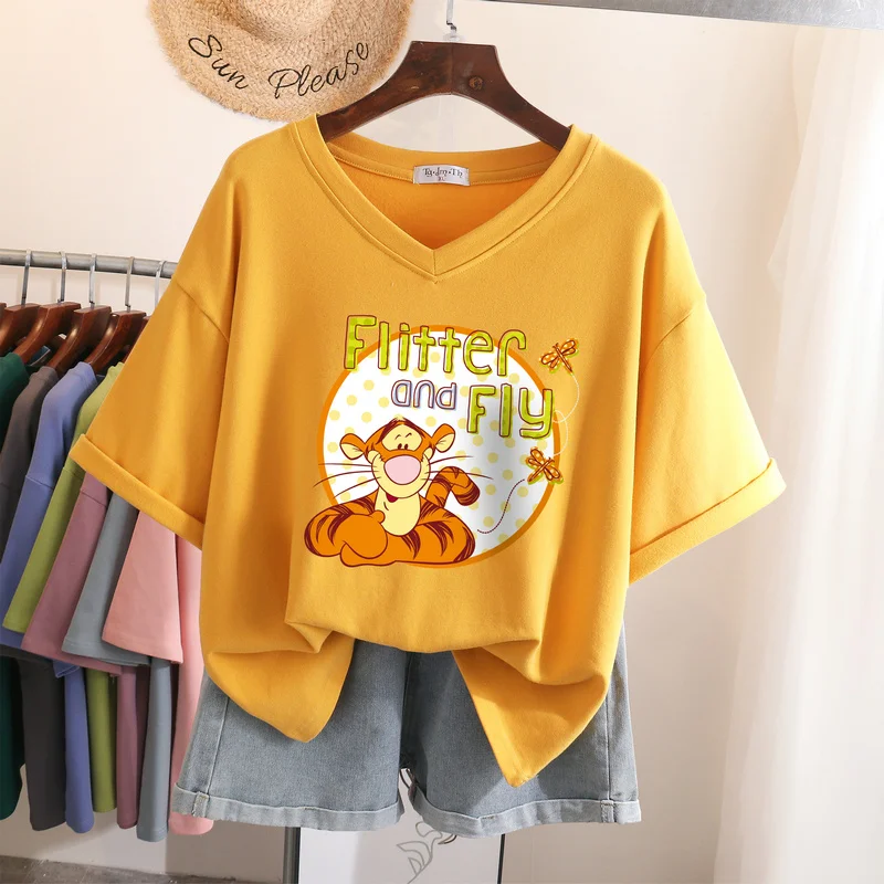 

EBAIHUI Plus Size T Shirt 100% Cotton L-6XL Tshirt Short Sleeve Women Top 2022 Summer Cartoon Print V Neck Oversized T Shirts