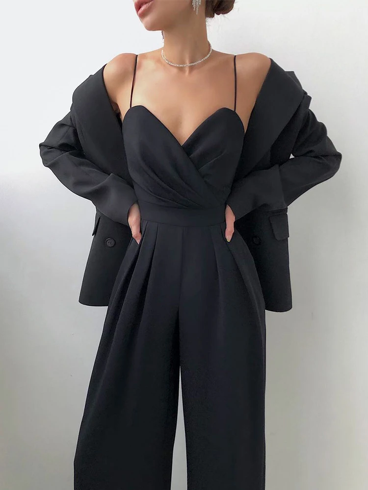 

Office Lady Solid Draped Straight Jumpsuit Women Spring Elegant V Neck Hollow Office Playsuit Summer Backless Suspender Overalls