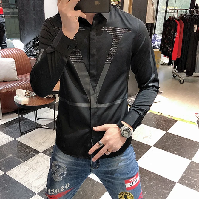 Hot Sale Rhinestone Letter Shirts Men Long Sleeve Business Casual Dress Shirt Slim Streetwear Social Nightclub Chemise Homme