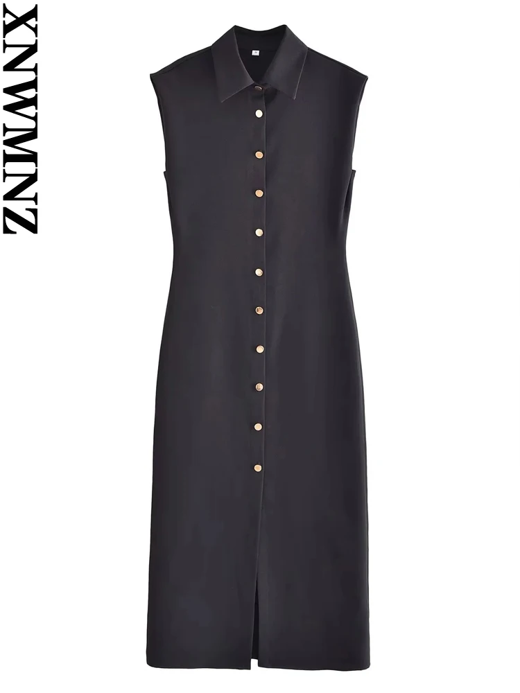 

XNWMNZ 2023 Women Fashion Mid Dress Woman Elegant Lapel Sleeveless Front Button Office Lady Chic Female Dresses
