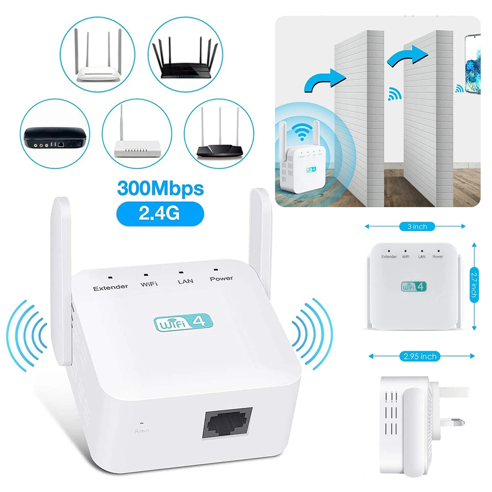 300Mbps Wifi Amplifier Repeater Signal Long Range 2.4GHz Router Wall Plug Wifi Booster Range Extender Mode 2 High Gain Antennas