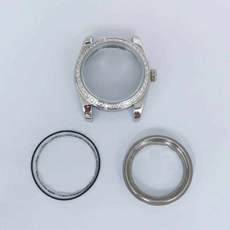 Transparent back cover 36mm Sapphire Crystal Stainless Steel Two Tone Watch Case Diamond Bezel Fits For 20MM Strap