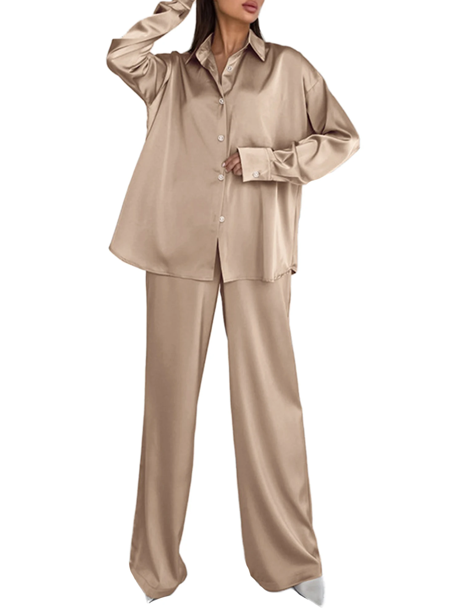 

Женский Повседневный костюм из 2 предметов, рубашка с длинным рукавом и воротником на пуговицах и лацканами, комплект с широкими брюками, Женский костюм с брюками (хаки 2