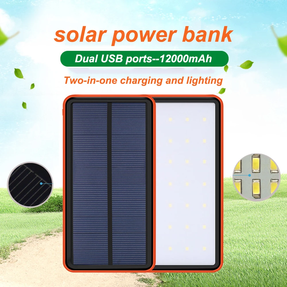 

12000mAh High Capacity Solar Power Bank Camping Light Powerbank Solar Charger with 2USB Ports External Battery for Xiaomi IPhone