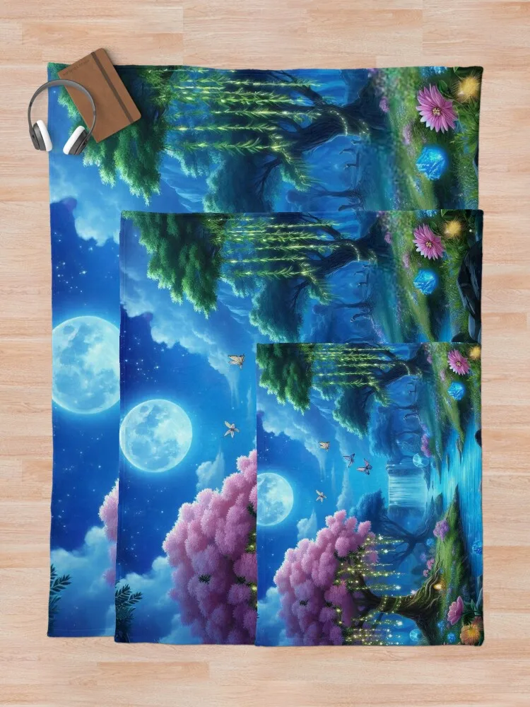 Moonlit Enchantment Magical Waterfall and Luminous Floral Gardens Under a Starry Sky Throw Blanket Baby sofa bed Blankets