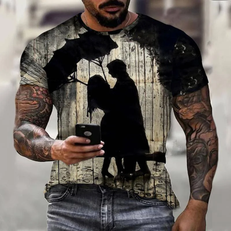 

Retro Couple Tops Embracing Romantic Art In The Rain 3D Printing Street Harajuku New Summer Men's T-shirt Short-sleeved Unisex