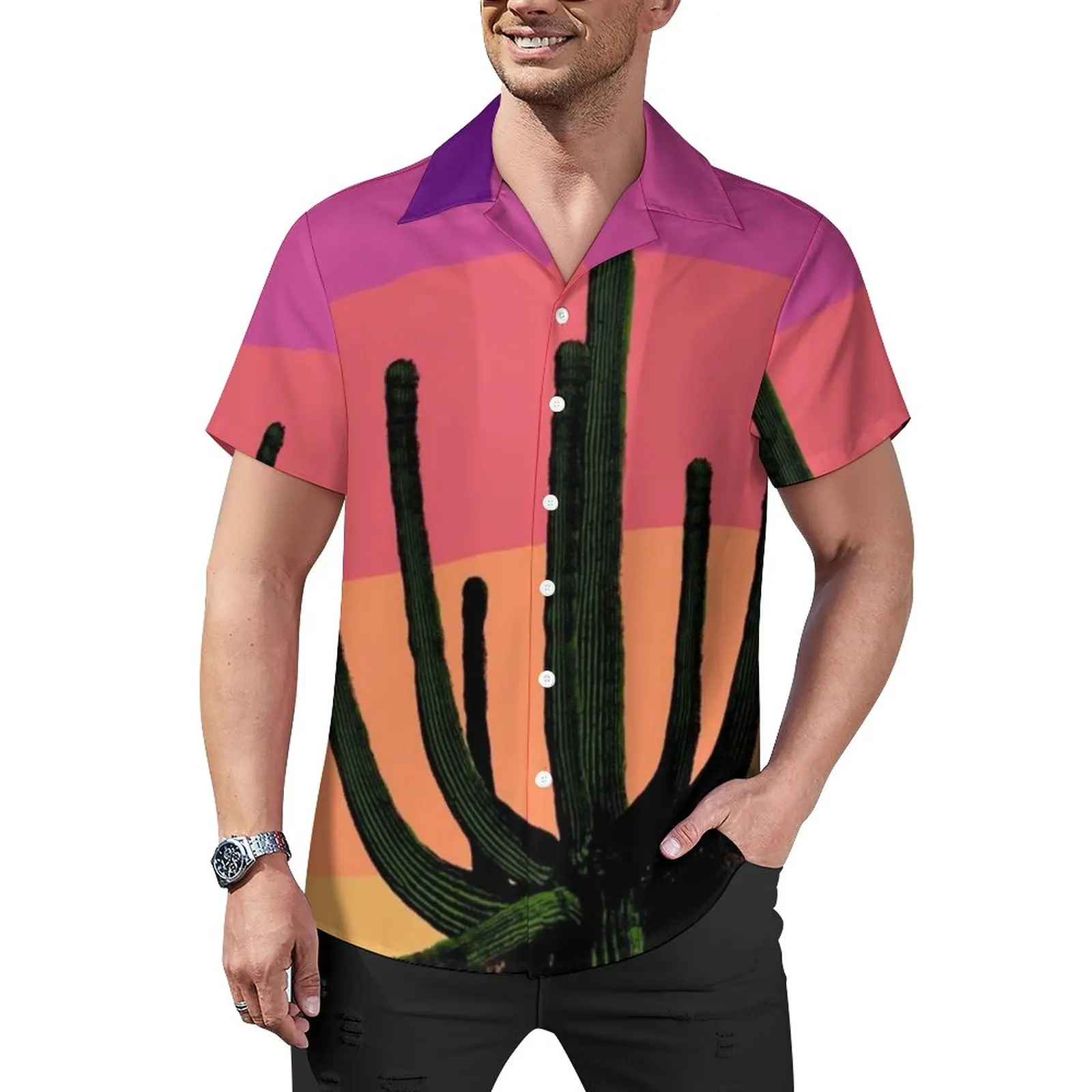 

Colorful Desert Vacation Shirt Saguaro Cactus Sunset Summer Casual Shirts Men Stylish Blouses Short Sleeve Custom Tops Big Size