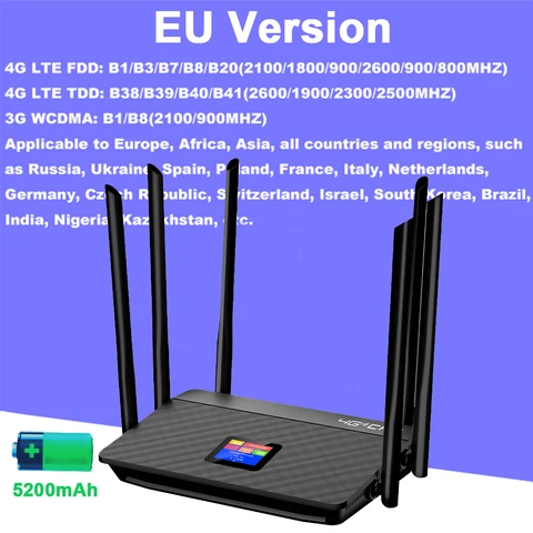Марш рути затор KuWFi 4G, Беспроводной Wi-Fi роу тер 5200 мАч, LTE, CPE, 4G, с 6 внешними антеннами, слот для Sim-карты, порт WAN/LAN RJ45