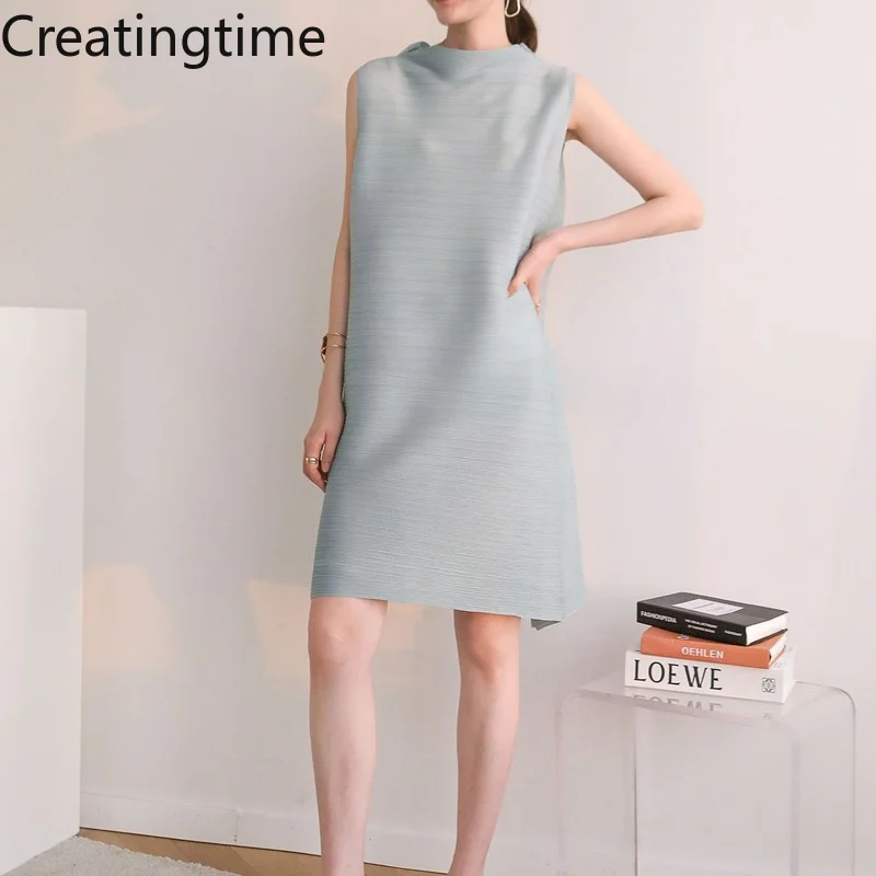 

Creatingtime 2022 Summer New Fashion Tide Women's Half Turtleneck Pleated Solid Color Loose Sleeveless High Waist Dress GA293