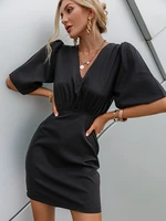 elegant summer design dress women business sexy v neck solid streetwear fashion short sleeve 2022 office lady mini even dresses