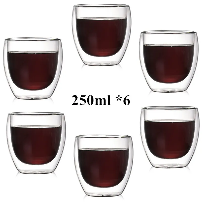 Стеклянная кружка с двойными стенками 250 мл 1-6 шт. прозрачная термостойкая