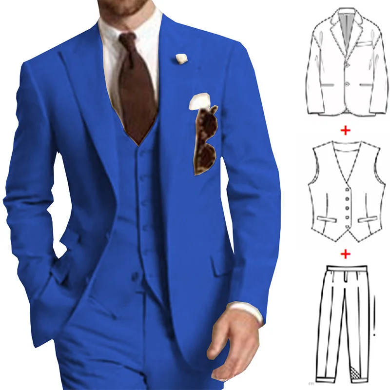 Latest Design Royal Blue Men's Suit 2023 Two Bottons 3 Pieces Wedding Suits Best Man Slim Fit Party Wear Costume Homme