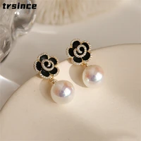 french retro black white rose pearl earrings female 925 silver needle simple korean fashion temperament earring elegant jewelry
