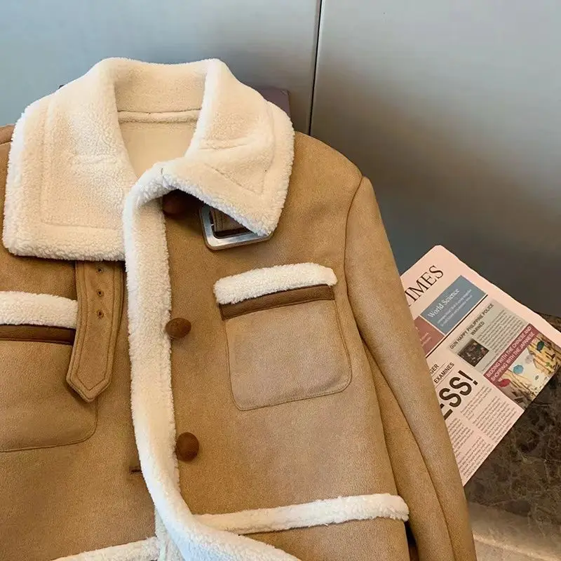 Lamb Fleece Coat Women's Autumn and Winter New 2022  Slim Style Retro Premium Top Deerskin  Thick （Winter)  Pockets