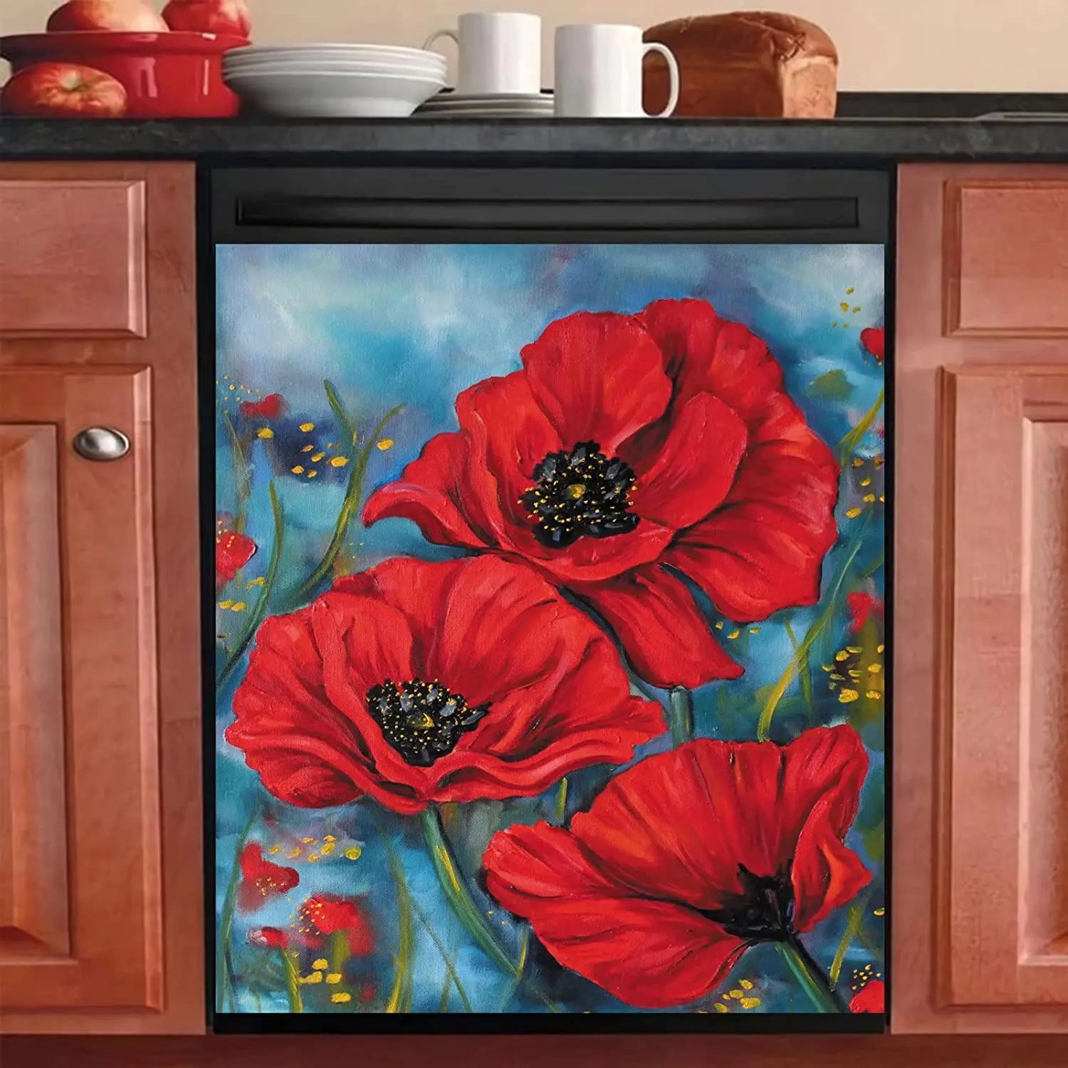 

OEME Farm Red Flowers Oil Painting Magnetic Dishwasher Stickers Door Cover Decorative Red Poppies Fridge Magnets Refrigerator St
