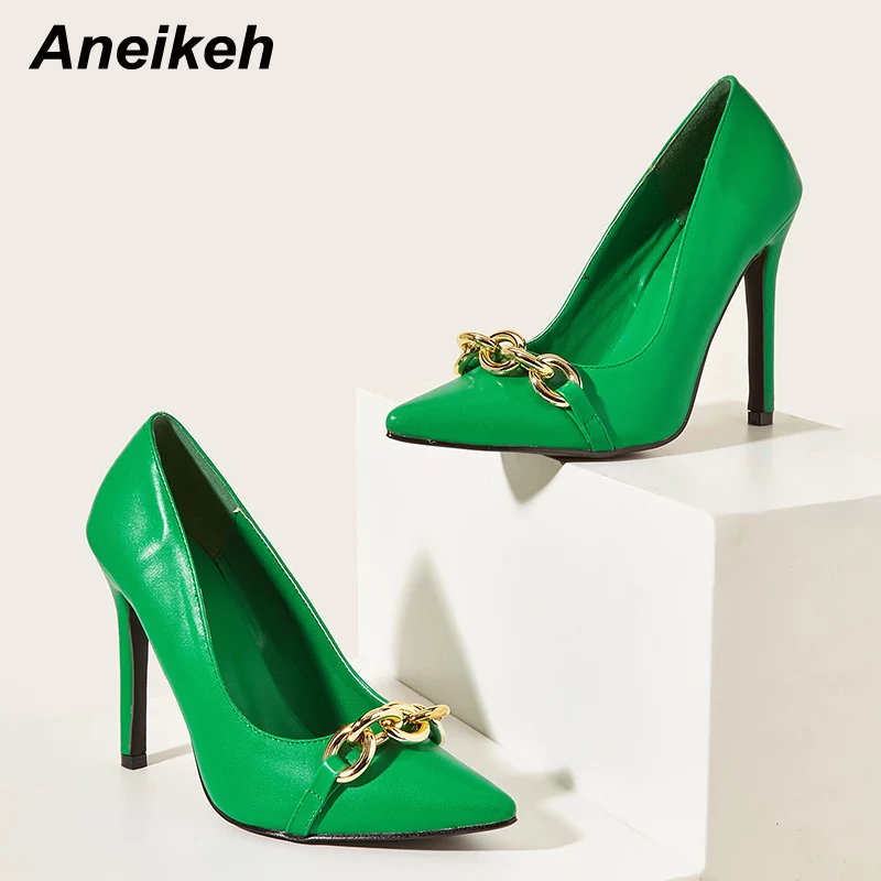 

Aneikeh Sexy Gladiator Pumps Pointed Toe PU Metal Decoration Women Spring Autumn New Thin High Heel Party Dress Office Lady Shoe